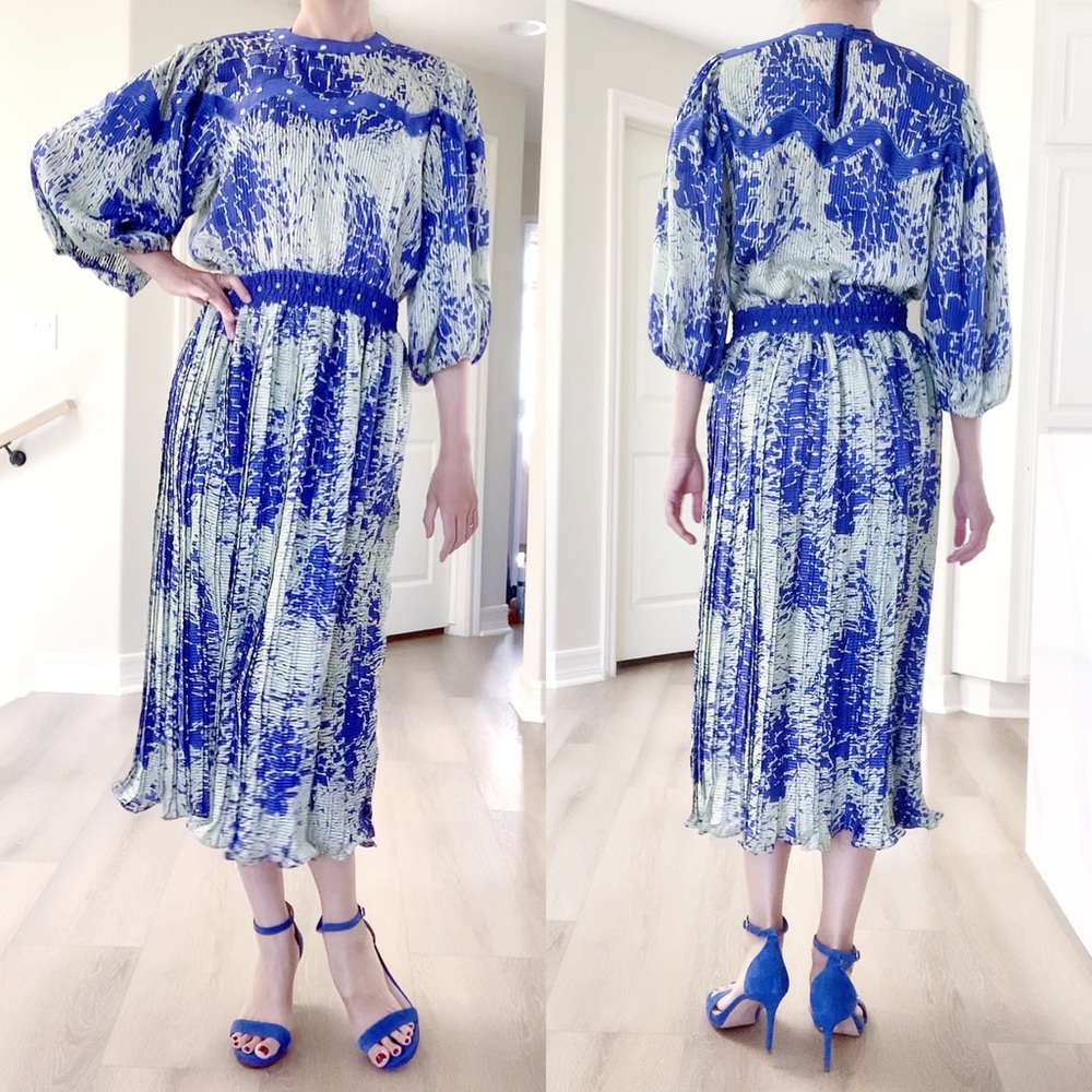 JANAN STUDIO 80’s Puff Sleeve Abstract Art Midi Dress In Yves Klein Blue